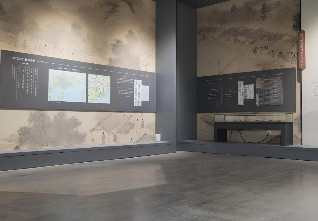 Low profile recessed museum display case with historical illustration exhibition wall and info panel