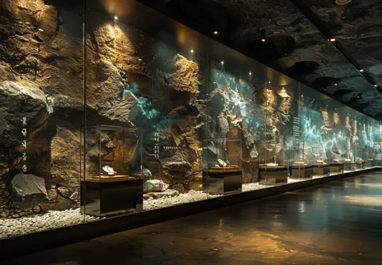 Long row of tall glass museum display cabinets with spotlights against rugged natural rock backdrop