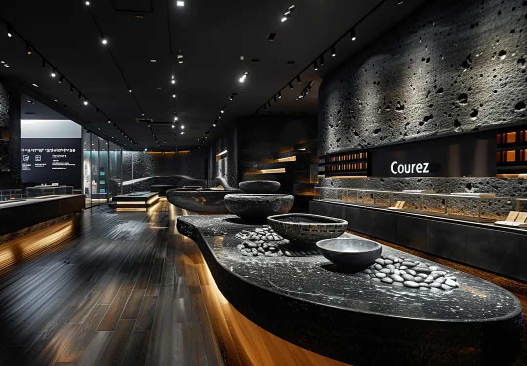 Dark modern museum exhibition space with embedded glass display counters and integrated LED ambient lighting