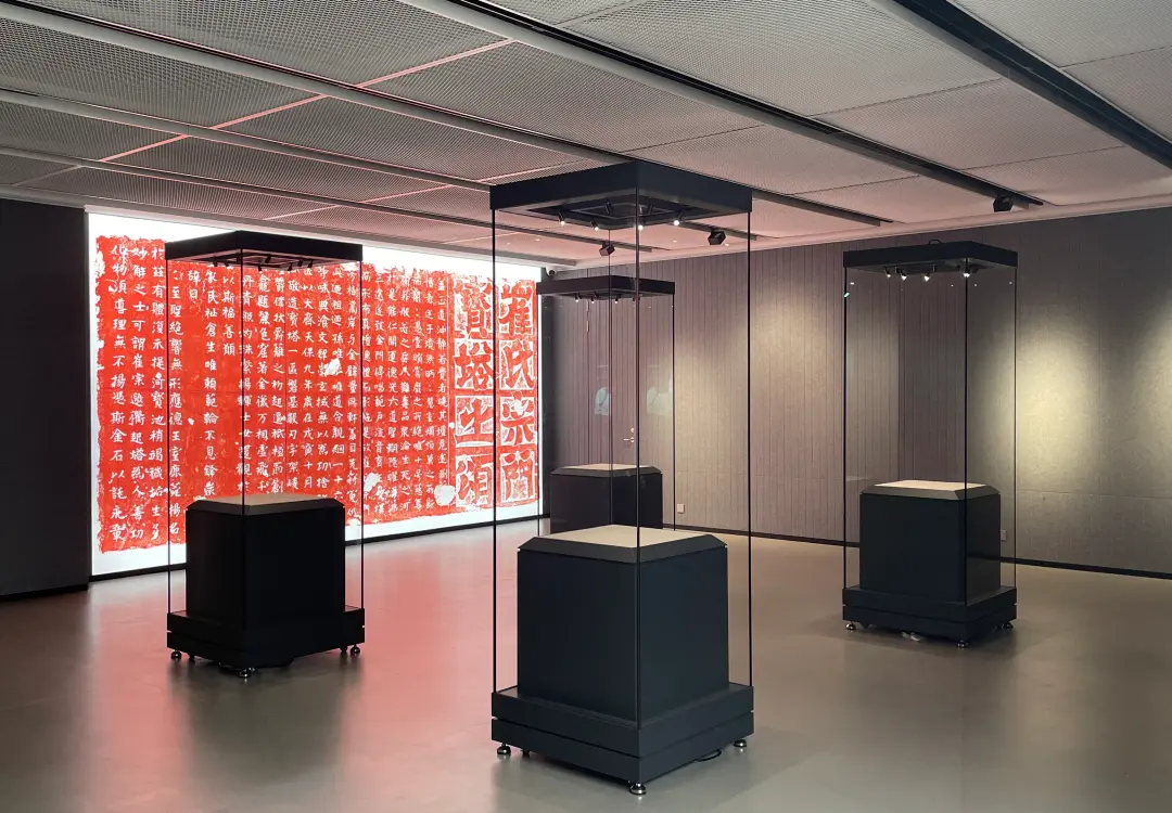 Empty tall glass display plinths arranged inside a modern museum exhibition hall