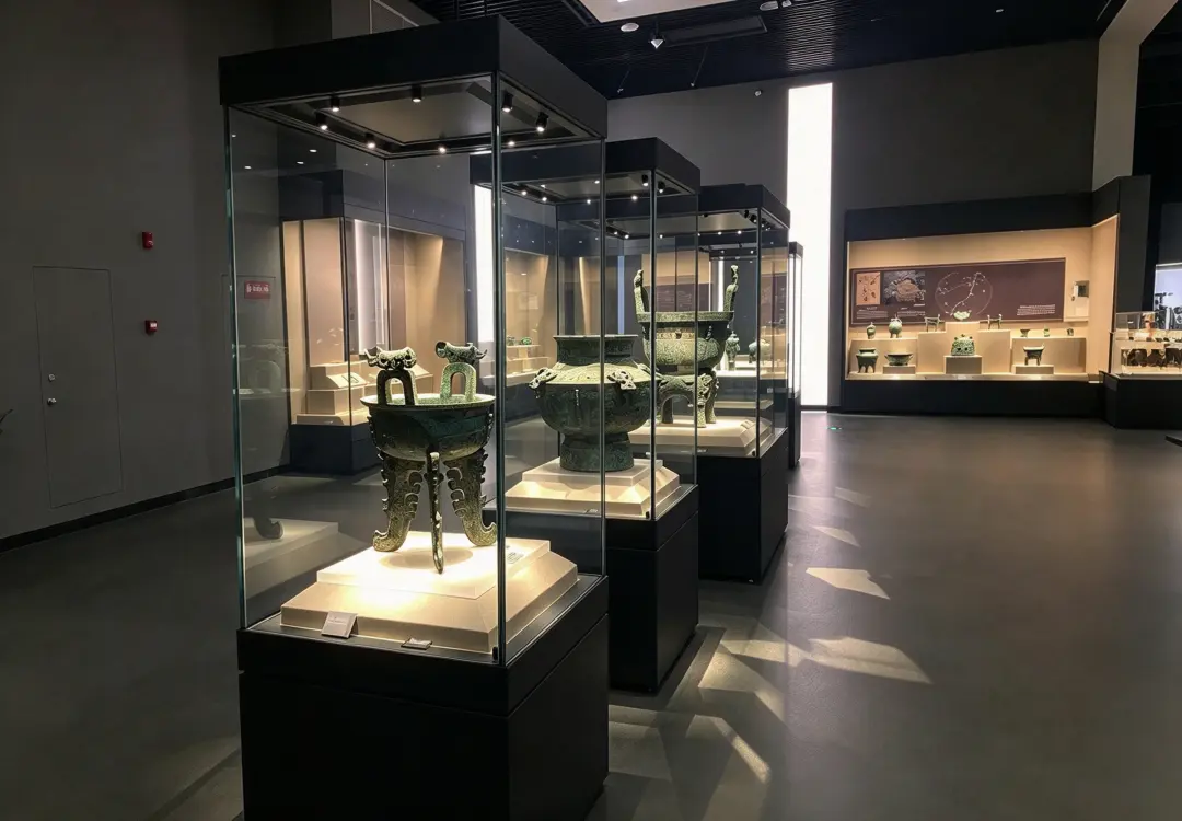 Row of museum freestanding display cases for bronze antique artifacts with internal spot lighting