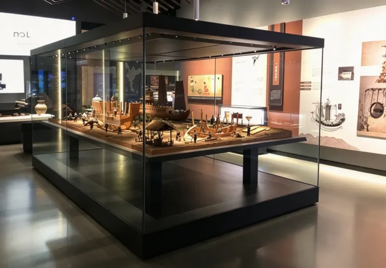 Large museum freestanding display case with panoramic glass for historical ship model exhibition