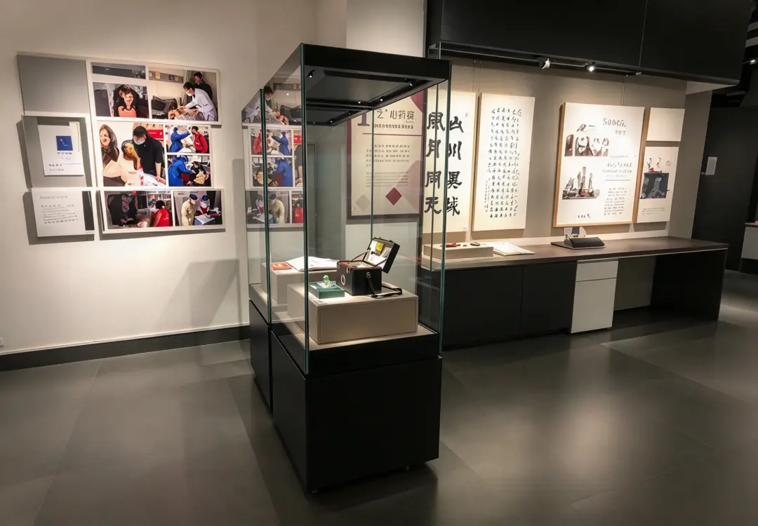Museum freestanding display case with tall glass cabinet for artifact exhibition in modern museum gallery