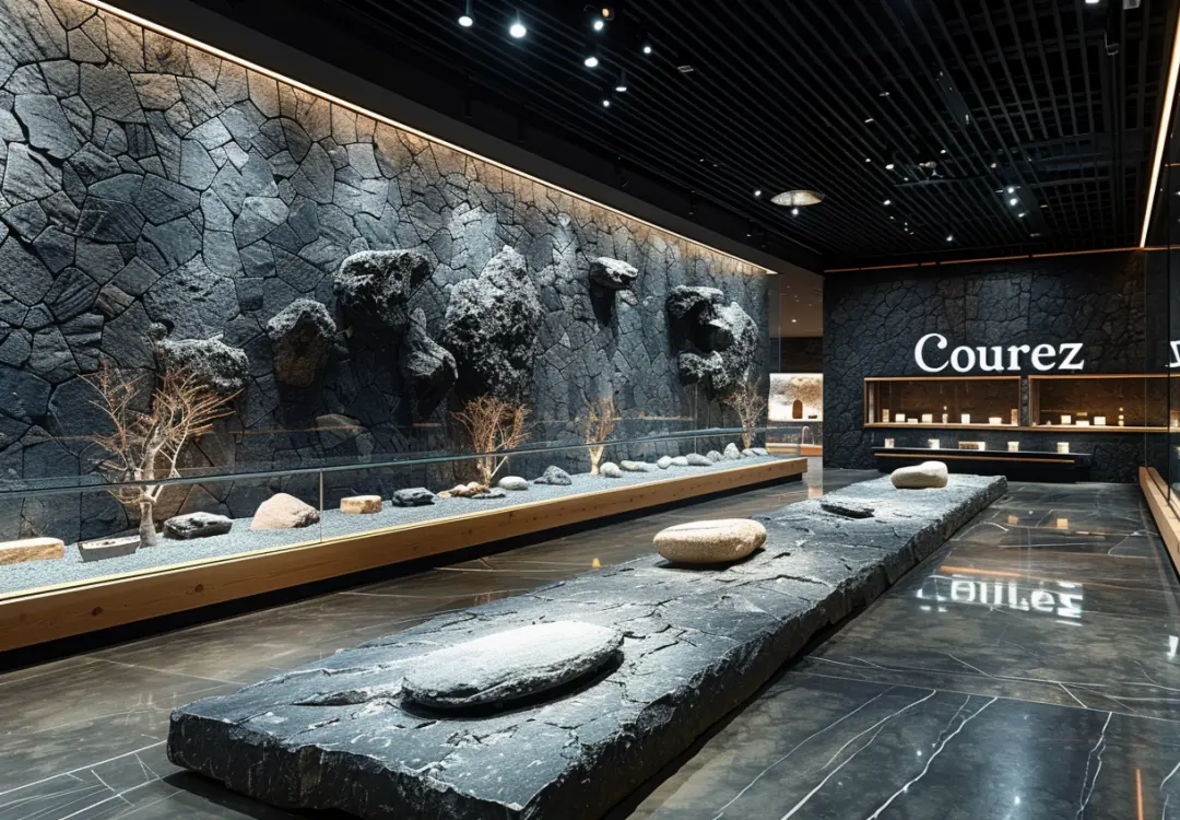 Modern museum interior with low profile glass display cases and natural rock feature wall