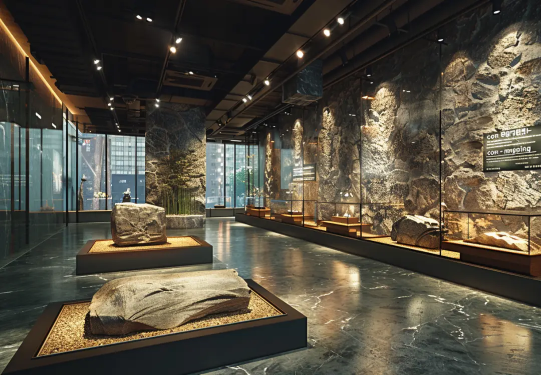 Museum display case security design, glass display pedestals and wall showcases for stone specimen exhibits in stone texture gallery