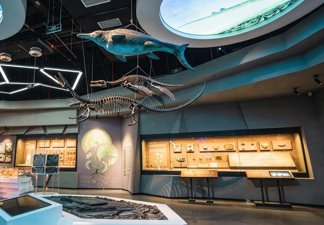 Prehistoric marine reptile fossil exhibition with hanging skeletons and backlit display cases