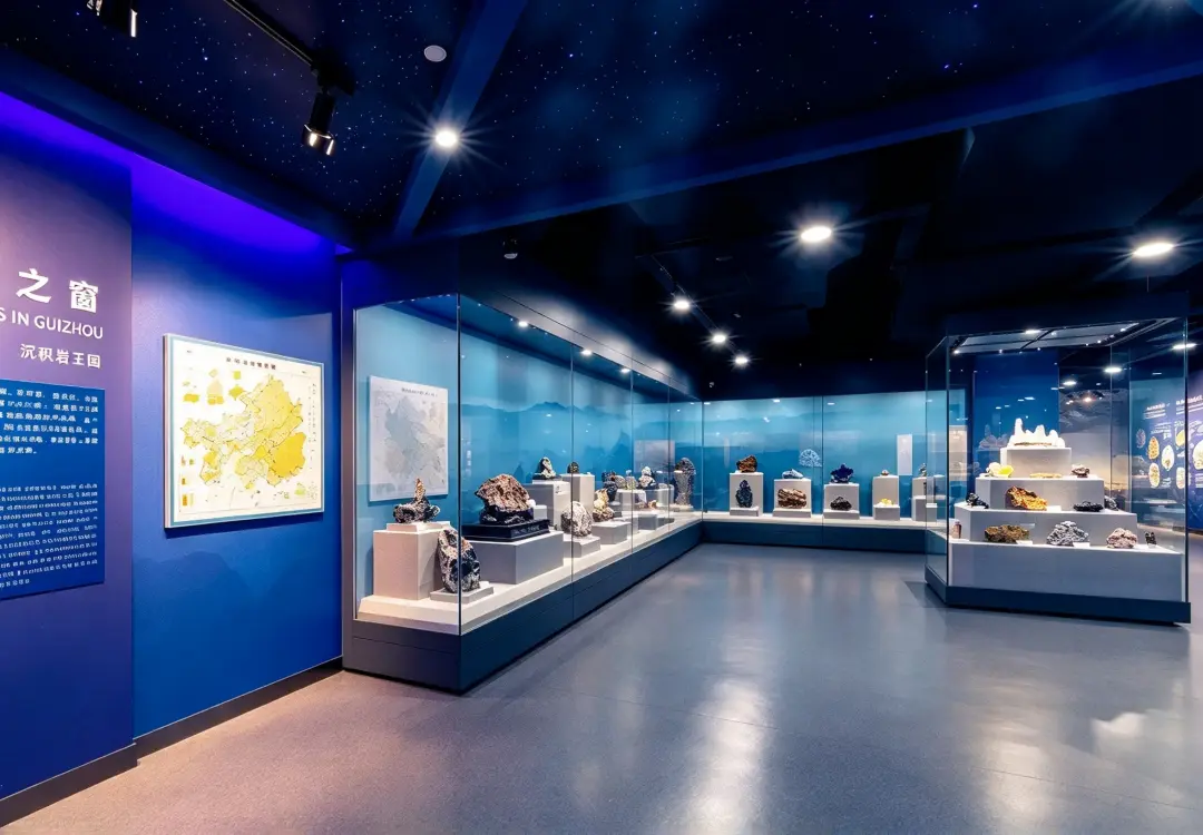 Mineral specimen gallery with continuous glass display cabinets and starry ceiling lighting